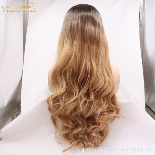 Wholesale Cheap Curly Long Ombre Brown Color Dark Root Natural Wave Women Full Lace Fiber Synthetic Hair Wigs Heat Resistant